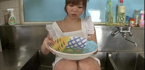  Aoi in the kitchen sink her big tits oiled up and squeezed before fucking a dick